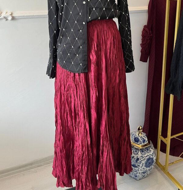 Bordo Pileli Kırışık Etek
